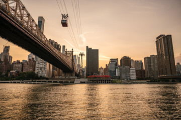 The Roosevelt Island tram glides above the East River with the Queensboro Bridge beside it. A warm sunset casts golden light over the Manhattan skyline and shimmering water.