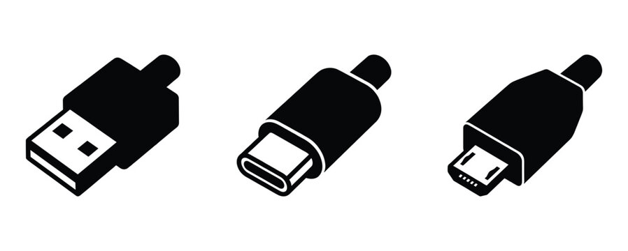 Universal serial bus cable connectors for electronics devices in isometric black isolated vector set