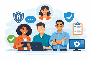 Diverse Data Security and IT Support Team Illustration. Cybersecurity Professionals, Business Consultants, and Customer Service Staff Ensuring Compliance and Protection.