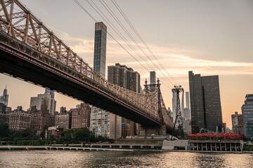 The Queensboro Bridge stands prominently over the East River with modern and historic skyscrapers of Manhattan in the background. The golden evening sky reflects softly on the water, highlighting the