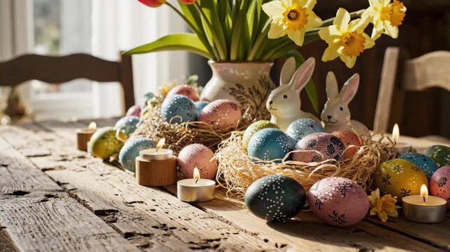 Easter Table Decoration with Eggs Flowers and Candles.
