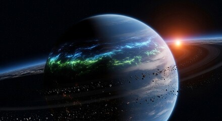 Planet with rings and auroras