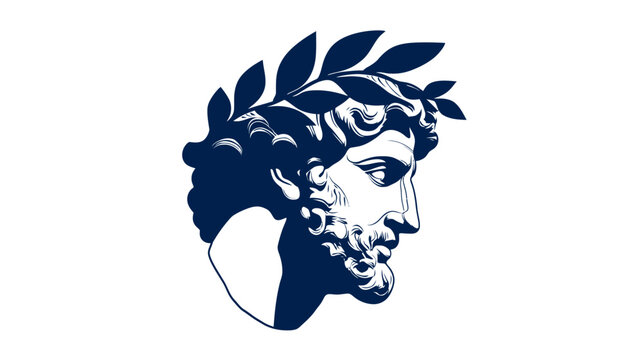 A classical profile of a male head wearing a laurel wreath in dark blue on a white background