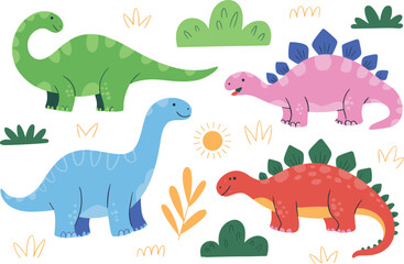 Playful cartoon dinosaur illustration with Brachiosaurus, Stegosaurus, plants, and sun in vibrant prehistoric scene © DolanAktar