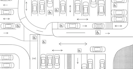 Isometric parking lot layout with cars, traffic flow arrows, accessible parking spaces, and pedestrian walkways © DolanAktar