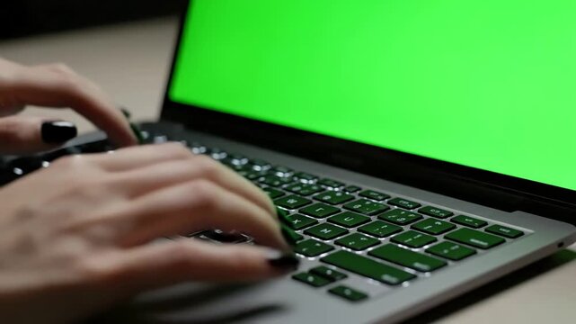 Modern Technology with 4k woman hand using laptop key green screen lady typing on a computer distortion, overlay, glitch, static noise, scan lines black background, animated video loop