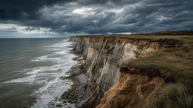 cliffside coastline erosion layers under dramatic cloudy sky
