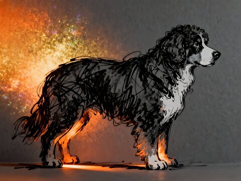 Minimalist abstract sketch series : Bernedoodle dog, with iridescent orange-gold effect portrait of a canine pet in gray cardstock 007