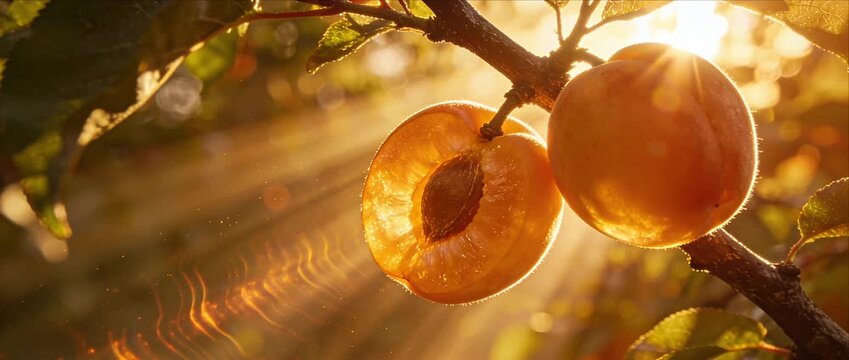 Sunlit fruit plum tree cinematic golden orchard glow backlight summer harvest nature detail macro juicy slice warm light beam garden branch leaf ripe organic fresh outdoor tranquil golden plum fruit