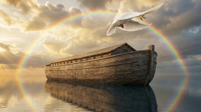 Dove Flying Over Ocean Waters Toward Noah&rsquo;s Ark During the Great Flood