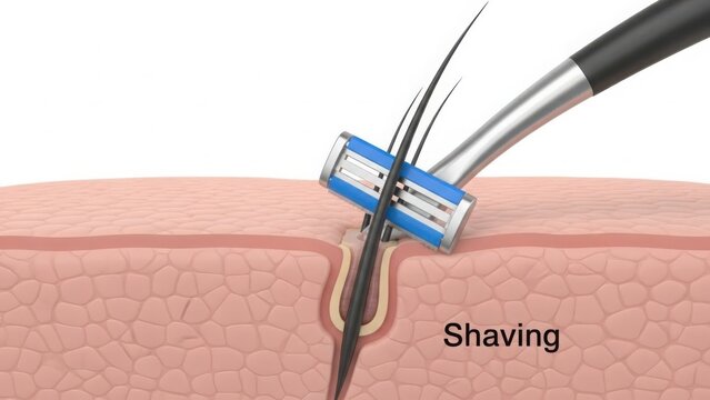 Illustration of a razor shaving hair follicles close-up
