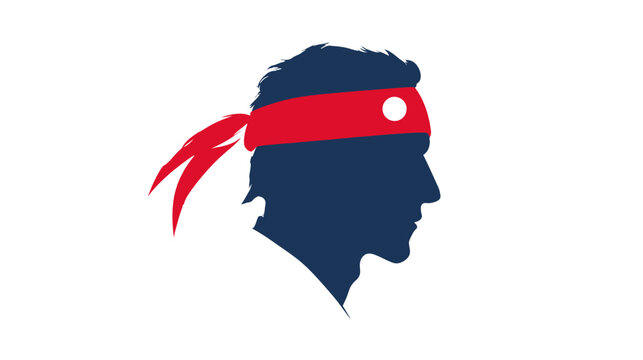 A silhouette of a man with a red headband and a white dot on the front, on a white backdrop