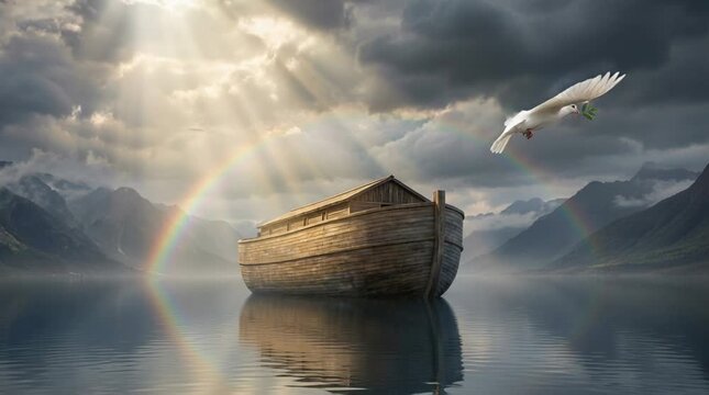 Dove Flying Over Ocean Waters Toward Noah&rsquo;s Ark During the Great Flood