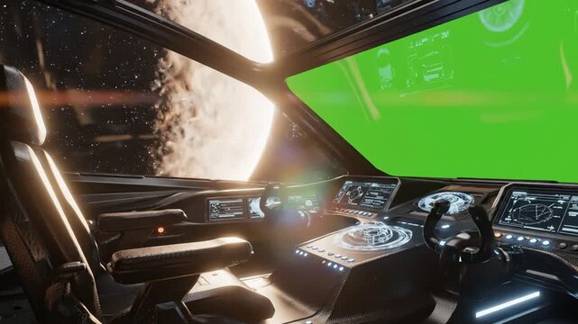 Green Screen inside a spaceship cockpit on render 3d scene 3 with distortion, overlay, glitch, static noise, scan lines black background, 4k animated video loop
