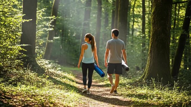 Starting a nature hike together in a sunlit forest