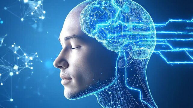Human head profile with glowing blue digital brain and neural network on a dark blue background