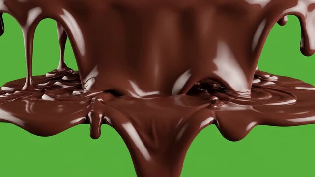 Green Screen chocolate drips on and transparent background liquid flowing down the surface in streams melting drops forming streaks 3d animation chroma key alpha channel prores 4444 4k uhd scene 3