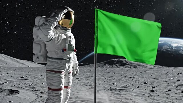 Green Screen lunar astronaut walks on the moon with flag placing a pole surface and salutes you can track add your logo scene 3 distortion, overlay, glitch, static noise, scan lines black background