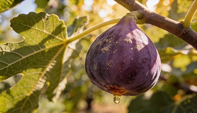 Ripe fruit fig hanging branch warm sunlight cinematic macro detail with golden dust and glowing drop, fresh ripe purple fig fruit and leaf serene garden orchard harvest scene, macro droplet sparkling