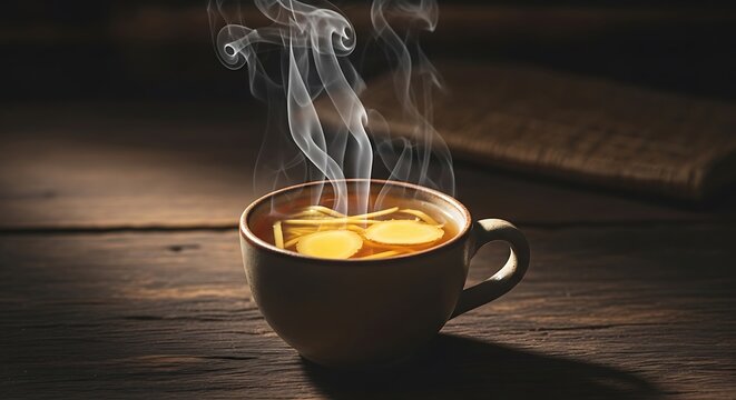 Steaming cup of wedang jahe on a wooden table with rising fumes and soft lighting