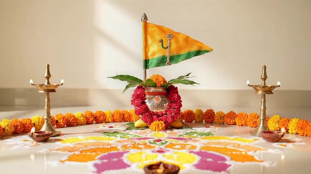 Gudi Padwa celebration setup festival rangoli marigold flowers lights