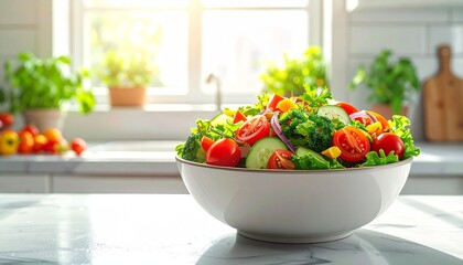 Fresh vegetable salad bowl in sunny kitchen