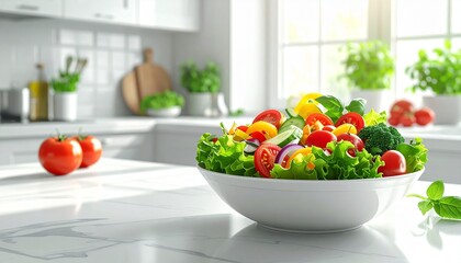Fresh vegetable salad bowl in sunny kitchen
