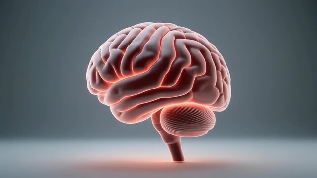 Human brain glowing with red neural activity, illuminated from within, on a dark background, 3D rendered, front view