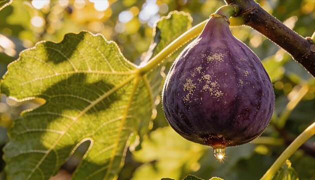Cinematic fig fruit tree leaf drop water nature sunlight garden scene with ripe purple figs hanging on branch, organic harvest mood and fresh orchard glow with sparkling water droplets