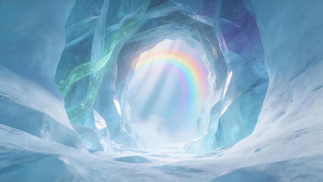 an ice cave with an opening that leads to the outside world, rainbow in center of frame, cinematic, fantasy concept art