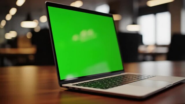 Green Screen laptop with blank in office interior smooth camera movement around object bokeh background home or 4k 24fps uhd scene 3 distortion, overlay, glitch, static noise, scan lines on black