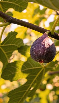 Ripe fig fruit hanging on tree branch with leaf in organic garden orchard, cinematic golden sunlight and bokeh, nature detail macro dew drop purple skin summer harvest freshness serene atmosphere