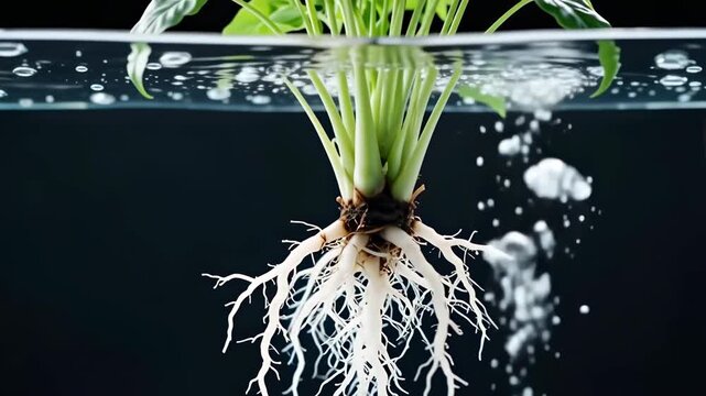 Macro View of Plant Roots Growing in Aerated Water Hydroponics