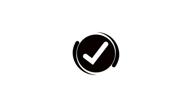 Black and white circular with a white checkmark inside, enclosed by two curved lines, representing confirmation or approval on a white background