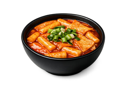 Korean tteokbokki serving flavorful spicy rice cakes with fish cakes and green onion garnish in a black bowl