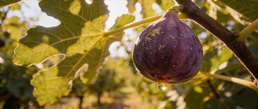 Fresh fig fruit hanging fig tree orchard farm warm sunlight and sunbeam macro nature closeup with juicy water drop organic agriculture garden outdoor summer harvest healthy sweet dessert food