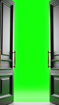 Green Screen black classic doors opening background animation 3d render alpha channel scene 3 with distortion, overlay, glitch, static noise, scan lines on background, 4k animated video loop