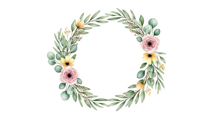 Naklejka premium Floral Wreath with Pink Flowers in Watercolor Style with Soft Pastel Colors on White Background for Wedding Invitation