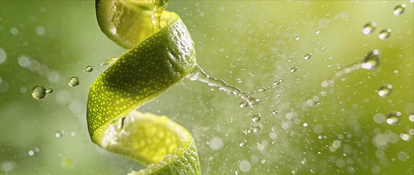Fresh lime peel spiral splash with water, macro cinematic green fruit zest curl and water droplet explosion, refreshing citrus freshness abstract background vibrant macro citrus fruit detail