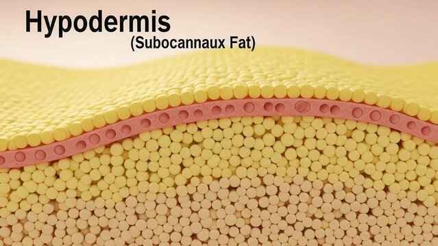 Detailed cross-section of human skin's hypodermis layer highlighting adipose tissue