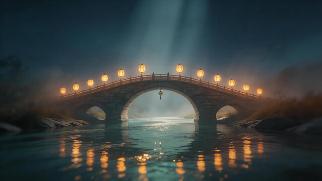 a small bridge over the river, with lanterns hanging on it, creates an atmosphere of tranquility and mystery.