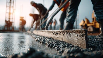 Naklejka premium Construction workers level concrete with screed tools on a construction site during daytime in a city setting