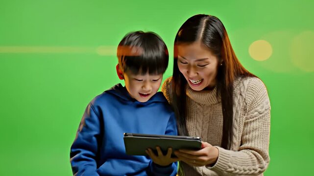 Green Screen mother and son using digital tablet together chroma key scene 3 with distortion, overlay, glitch, static noise, scan lines on black background, 4k animated video loop
