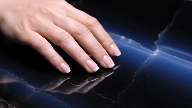 Elegant Woman's Hand with French Manicure on Polished Stone Close-Up Beauty and Cosmetic Concept