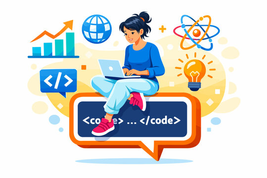 Female Web Developer Coding on Laptop. Programming, Digital Strategy, and Technology Growth Concept. Flat Vector Illustration.