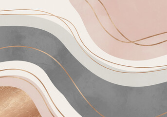 ゴールドのラインが輝く、ピンクとグレーのエレガントな抽象流線デザイン