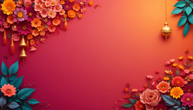 Hindu Festive Background with Mandala Flowers, Marigolds and Kalash for Hindu festivals. Happy Ugadi. Banner for Gudi Padva, Hindu New Year, Diwali, Onam, Pongal with copy space