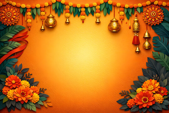 Hindu Festive Background with Toran Garlands, Kalash and Marigold Florals for Hindu festivals. Happy Ugadi. Banner for Gudi Padva, Hindu New Year, Diwali, Onam, Pongal with copy space