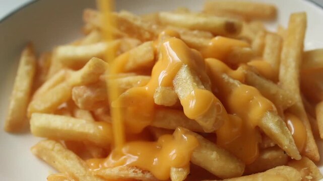 pour cheese sauce on french fries