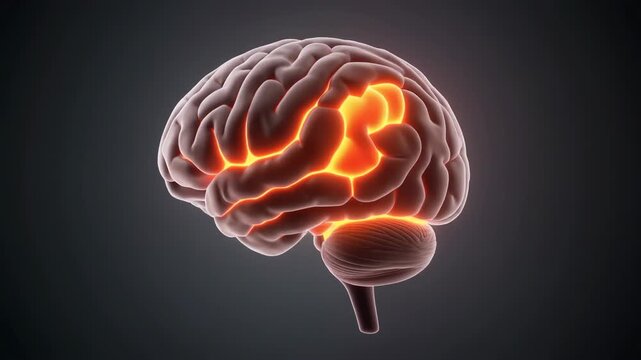 A detailed 3D illustration of a human brain with highlighted areas, showcasing neurological activity and intricate details from a frontal viewpoint.